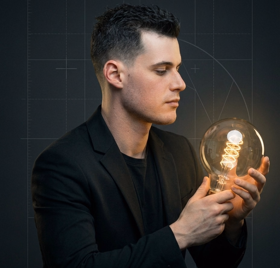 Filip Milneršić studying an illuminated lightbulb.